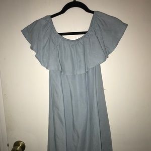 Chambray off the shoulder mini dress!